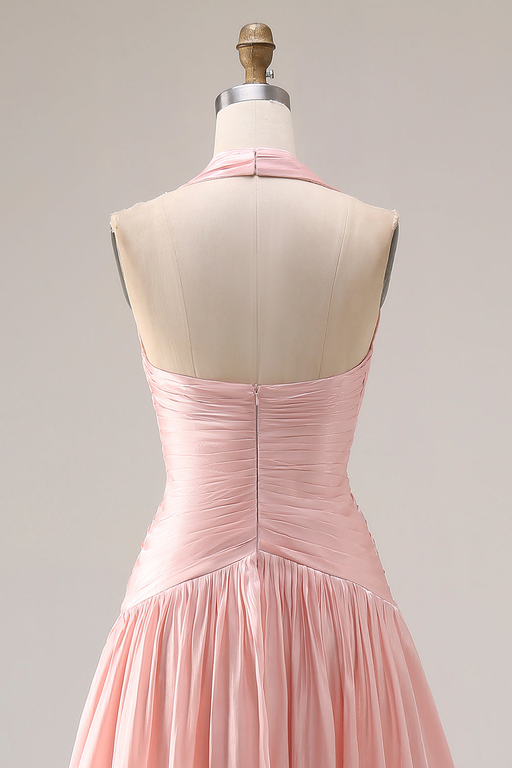 Halter Blush Pink A-Line Pleated Long Prom Dress with Slit