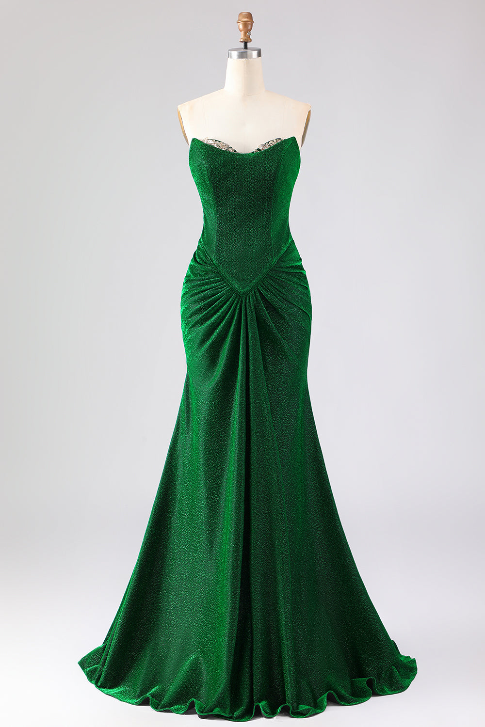 Glitter Strapless Mermaid Dark Green Ruched Long Prom Dress with Lace-Up Back
