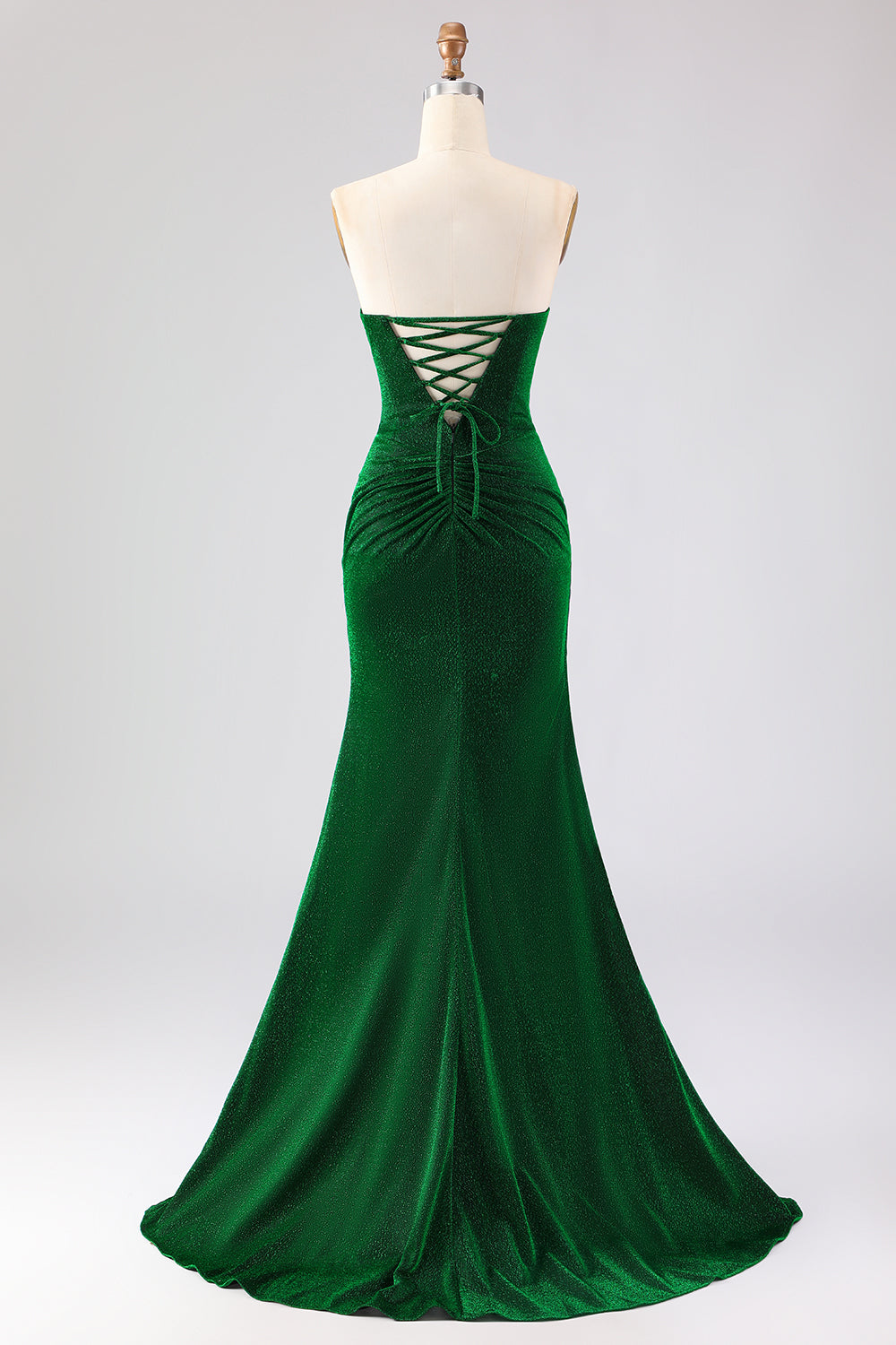 Glitter Strapless Mermaid Dark Green Ruched Long Prom Dress with Lace-Up Back