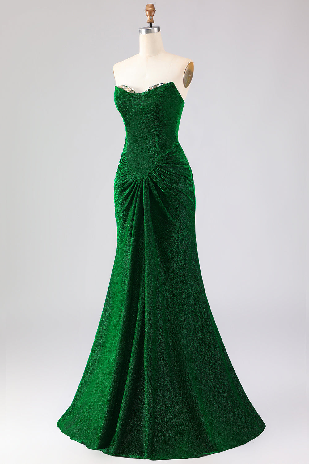 Glitter Strapless Mermaid Dark Green Ruched Long Prom Dress with Lace-Up Back