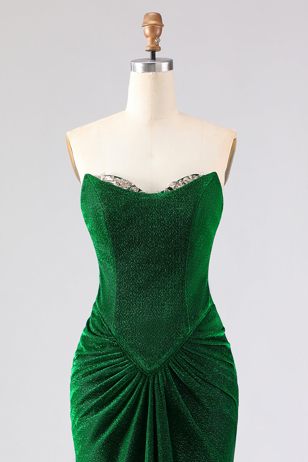 Glitter Strapless Mermaid Dark Green Ruched Long Prom Dress with Lace-Up Back