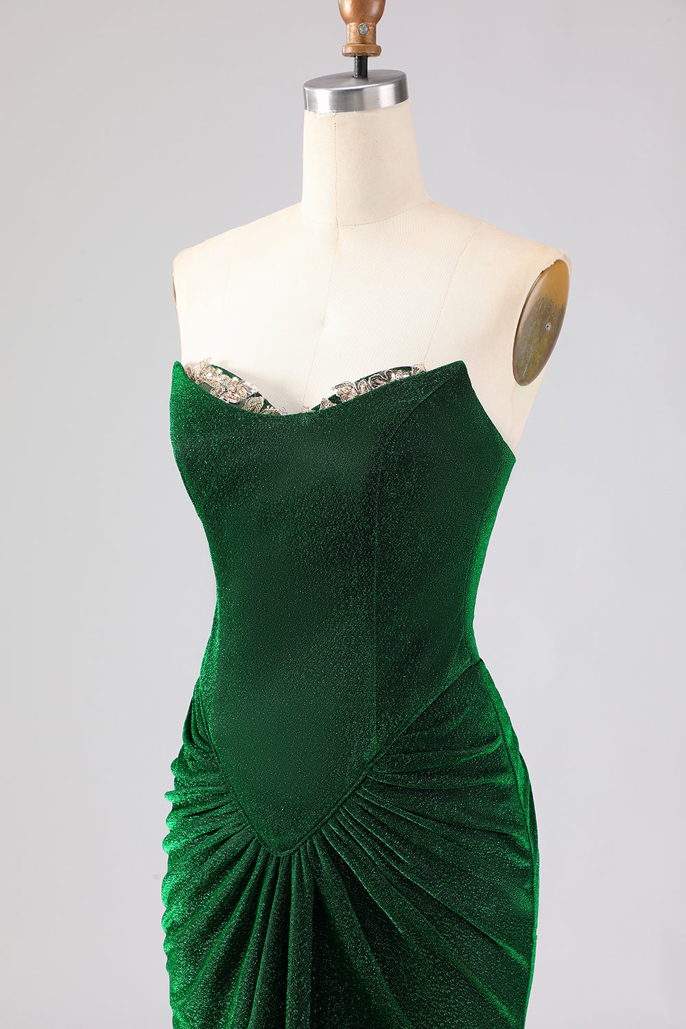 Glitter Strapless Mermaid Dark Green Ruched Long Prom Dress with Lace-Up Back