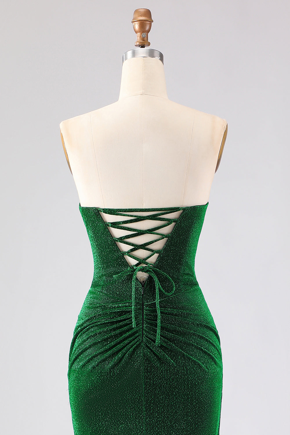 Glitter Strapless Mermaid Dark Green Ruched Long Prom Dress with Lace-Up Back