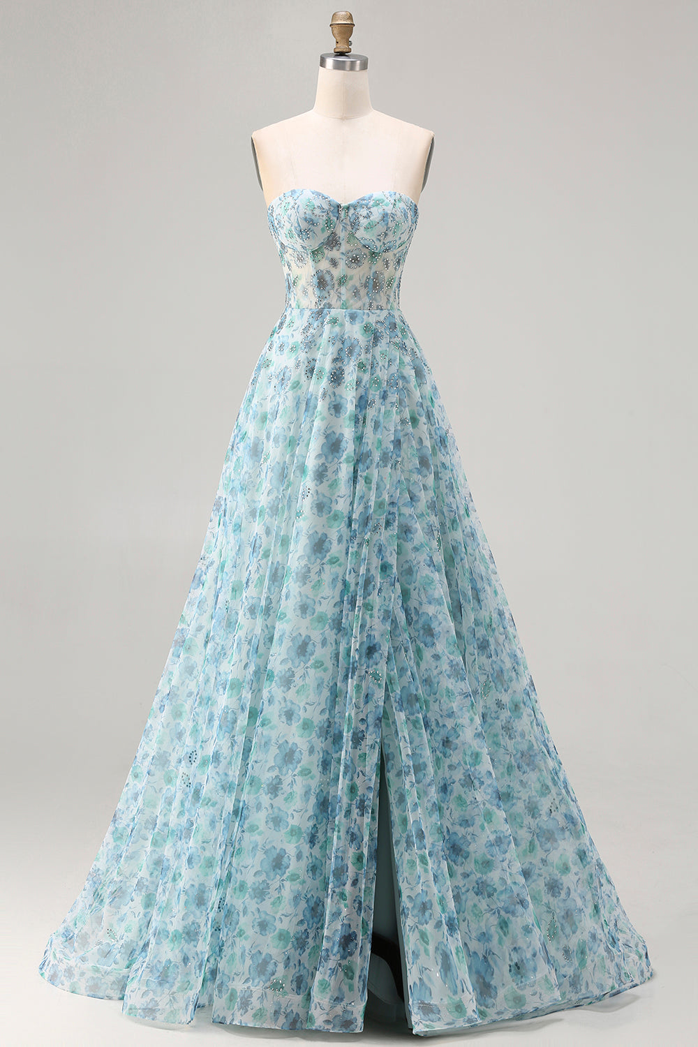 Robe de bal longue convertible sans bretelles bleue à fleurs avec perles et fente coupe trapèze