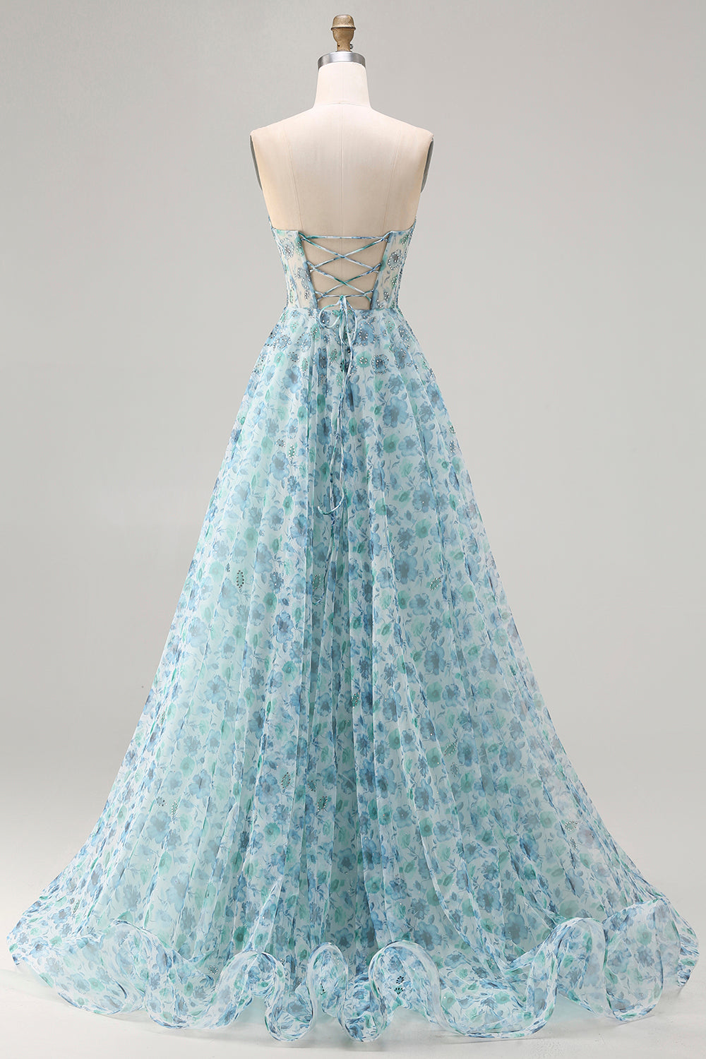Robe de bal longue convertible sans bretelles bleue à fleurs avec perles et fente coupe trapèze