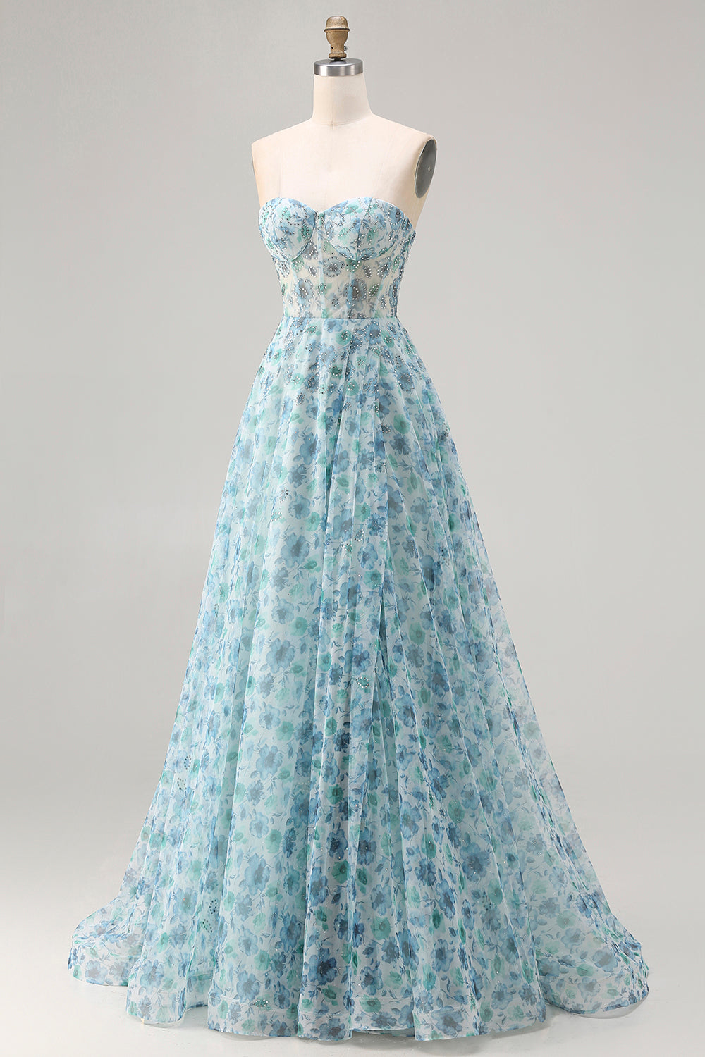 Robe de bal longue convertible sans bretelles bleue à fleurs avec perles et fente coupe trapèze