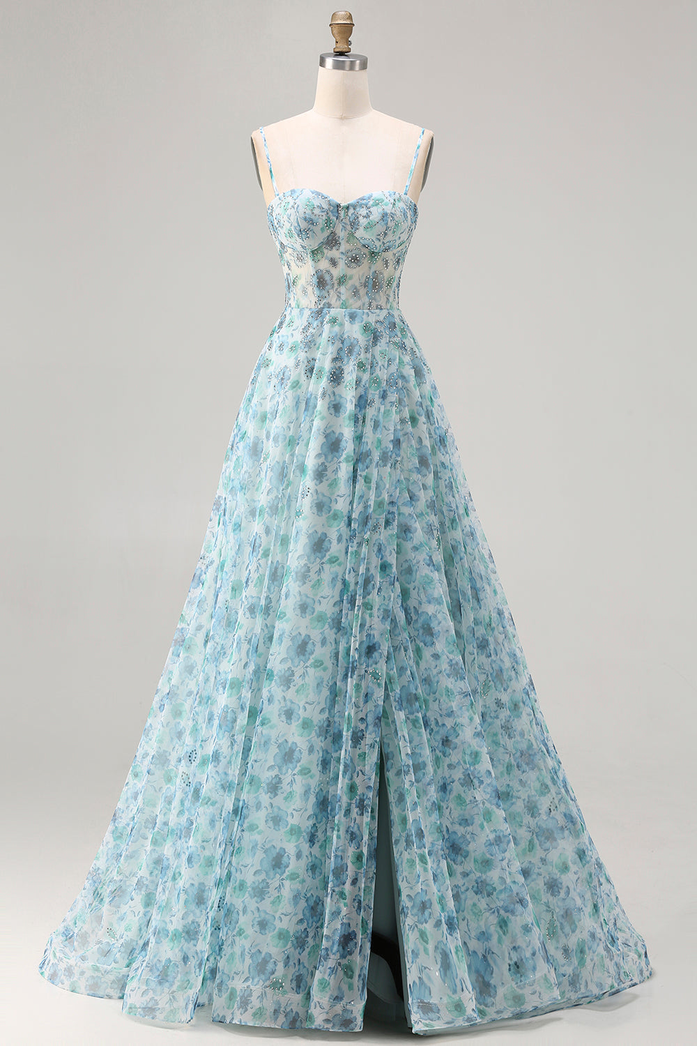 Robe de bal longue convertible sans bretelles bleue à fleurs avec perles et fente coupe trapèze