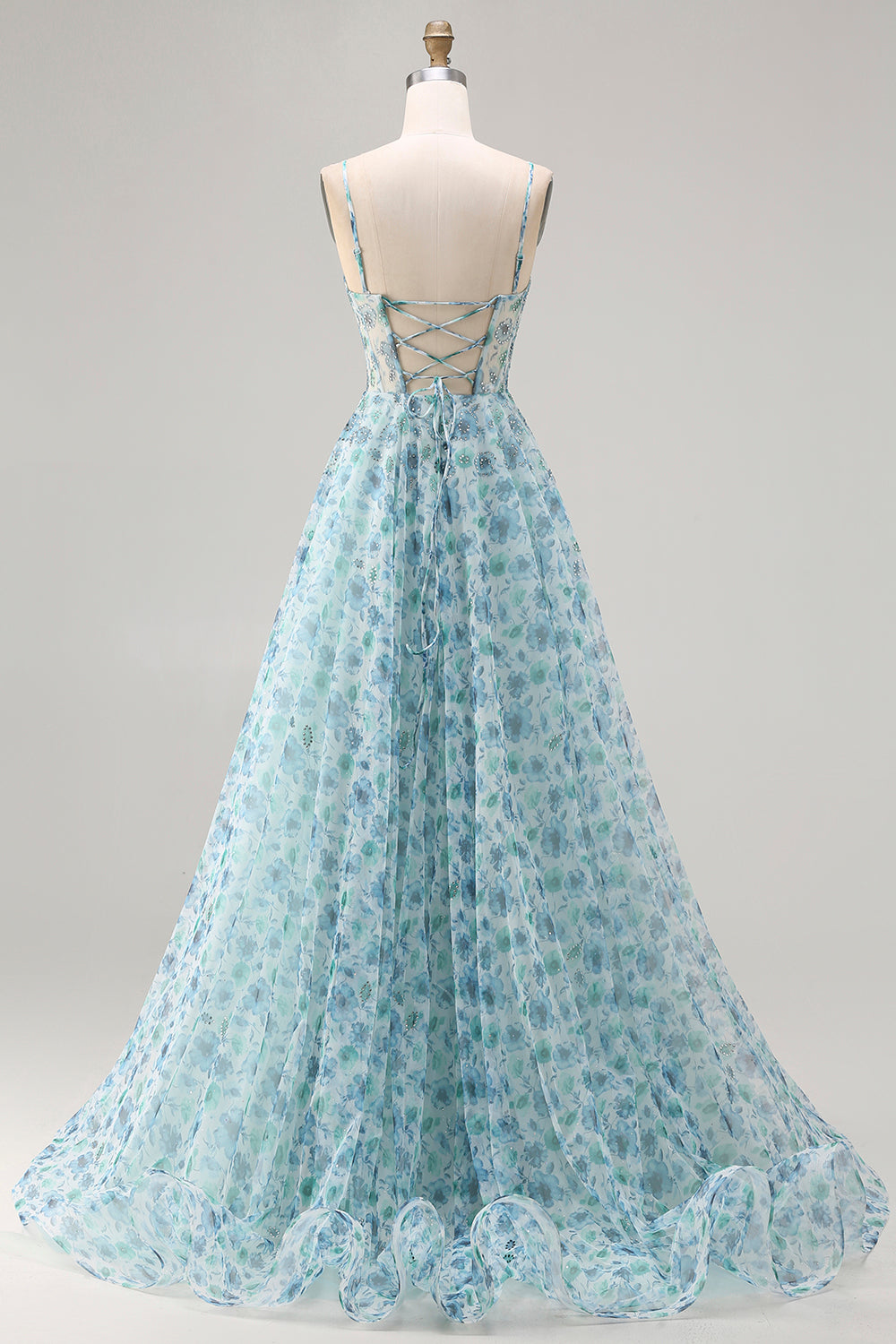 Robe de bal longue convertible sans bretelles bleue à fleurs avec perles et fente coupe trapèze