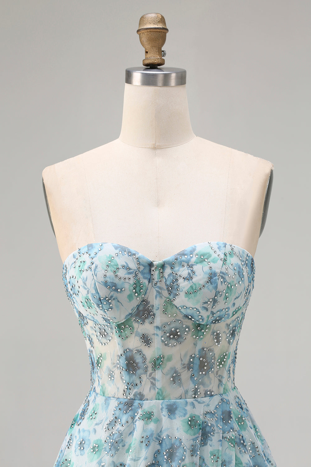 Robe de bal longue convertible sans bretelles bleue à fleurs avec perles et fente coupe trapèze