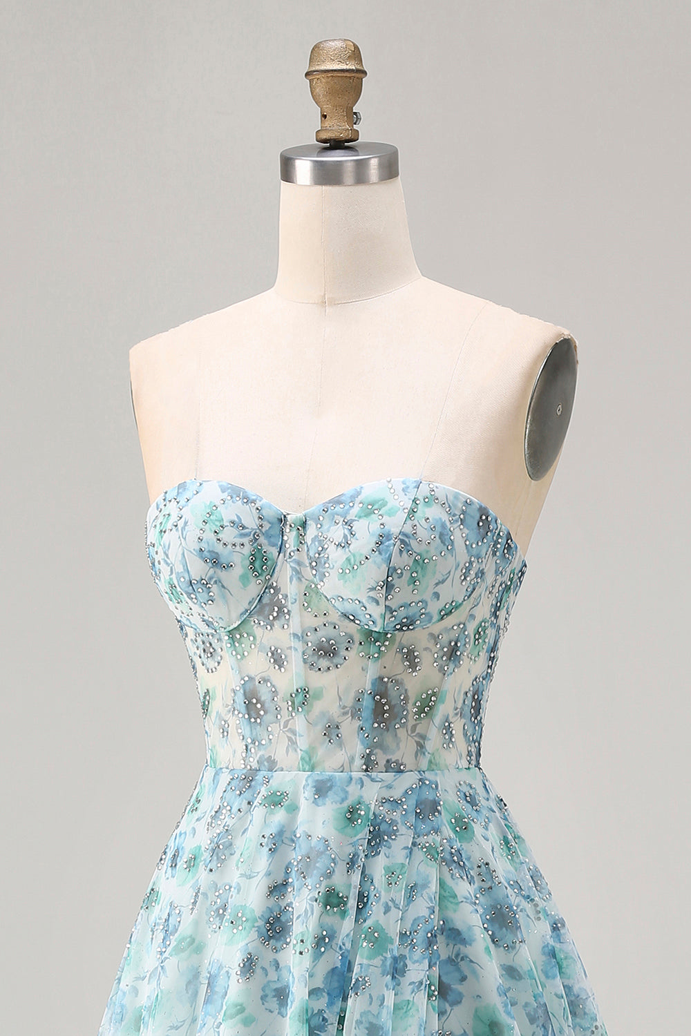 Robe de bal longue convertible sans bretelles bleue à fleurs avec perles et fente coupe trapèze