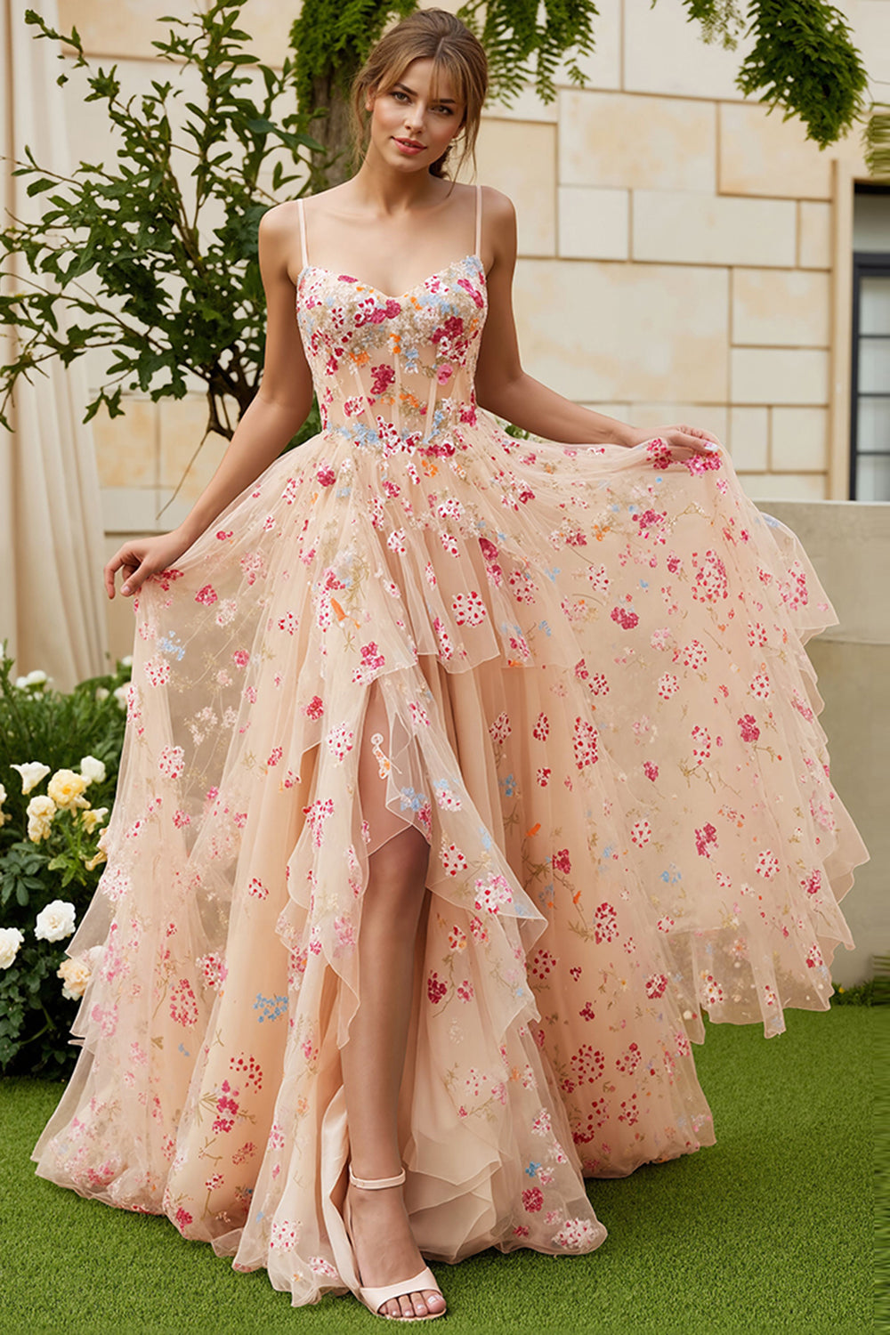 Ivory Flower A Line Corset Ruffled Long Prom Dress with Slit
