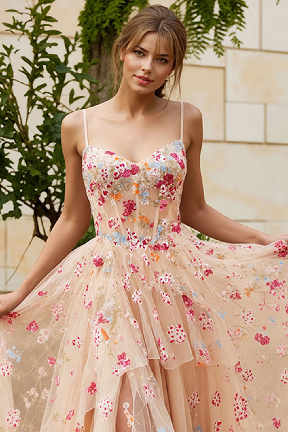 Ivory Flower A Line Corset Ruffled Long Prom Dress with Slit
