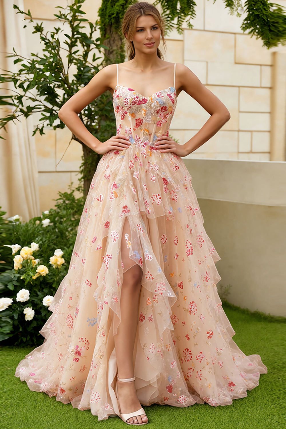 Ivory Flower A Line Corset Ruffled Long Prom Dress with Slit
