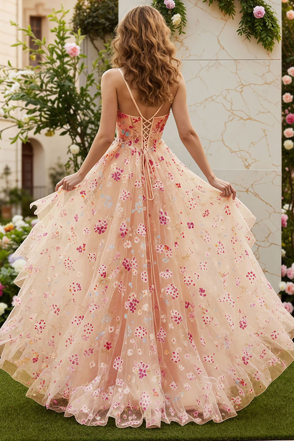Ivory Flower A Line Corset Ruffled Long Prom Dress with Slit