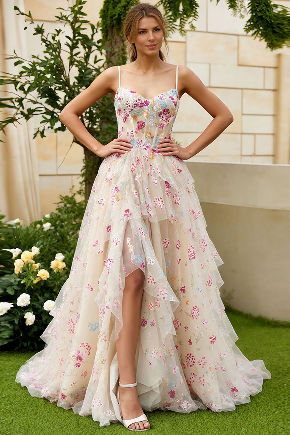 Ivory Flower A Line Corset Ruffled Long Prom Dress with Slit
