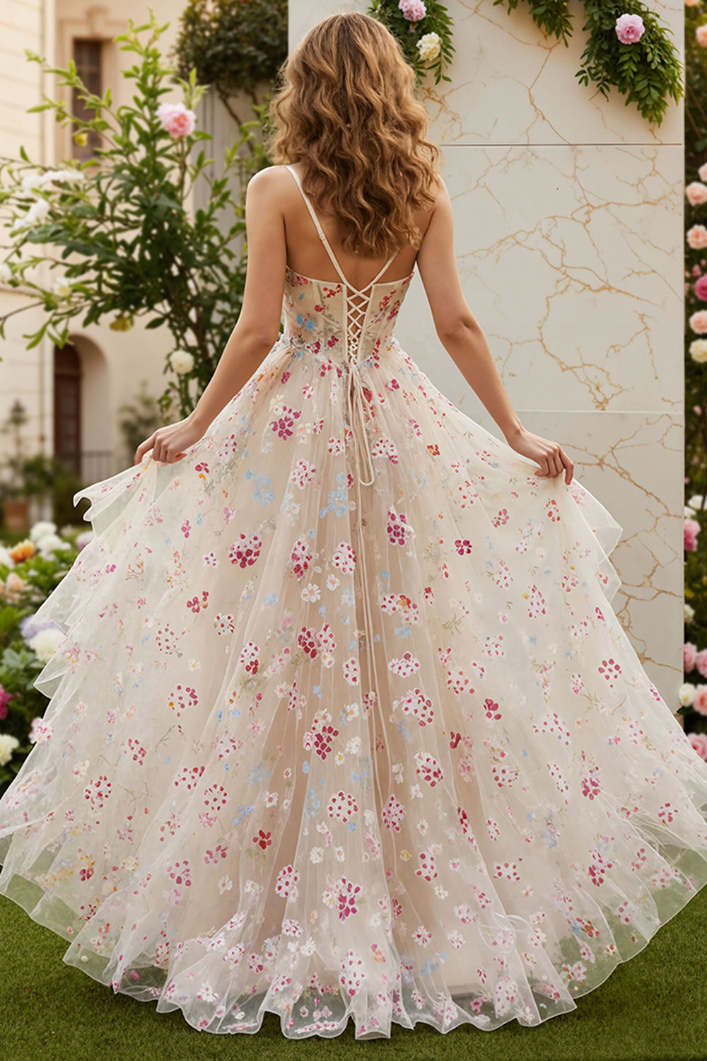 Ivory Flower A Line Corset Ruffled Long Prom Dress with Slit