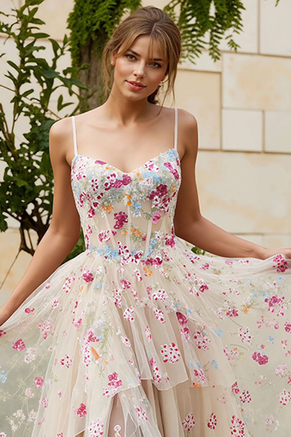 Ivory Flower A Line Corset Ruffled Long Prom Dress with Slit