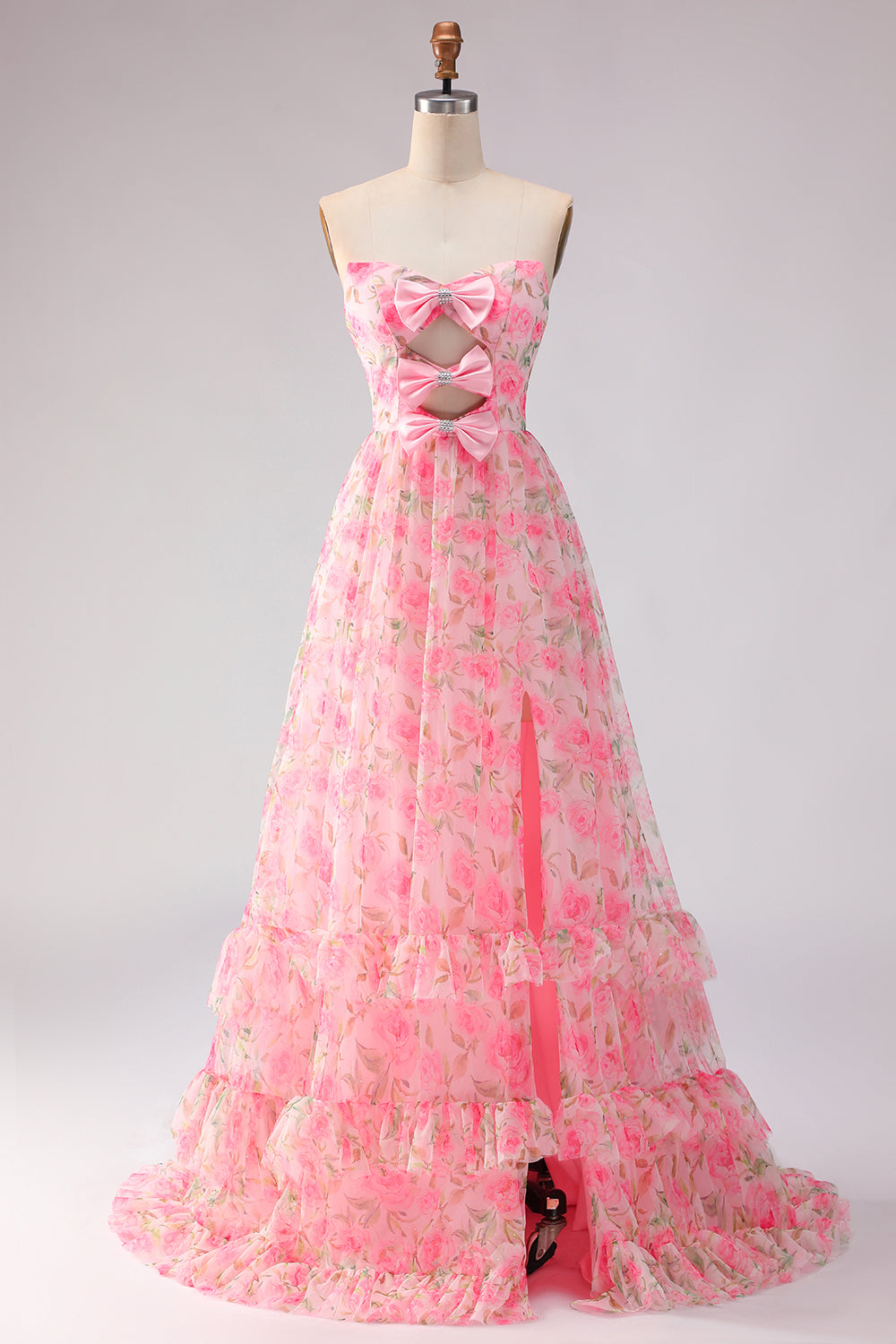 Pink Strapless Floral A-Line Cut Out Bowed Long Prom Dress with Slit