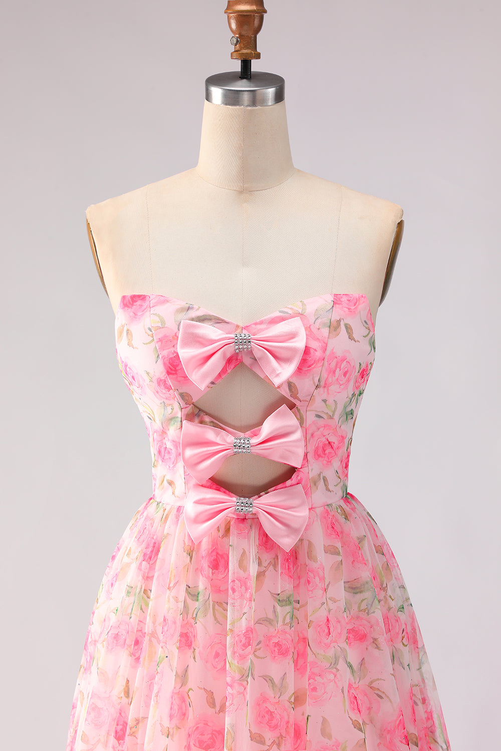 Pink Strapless Floral A-Line Cut Out Bowed Long Prom Dress with Slit