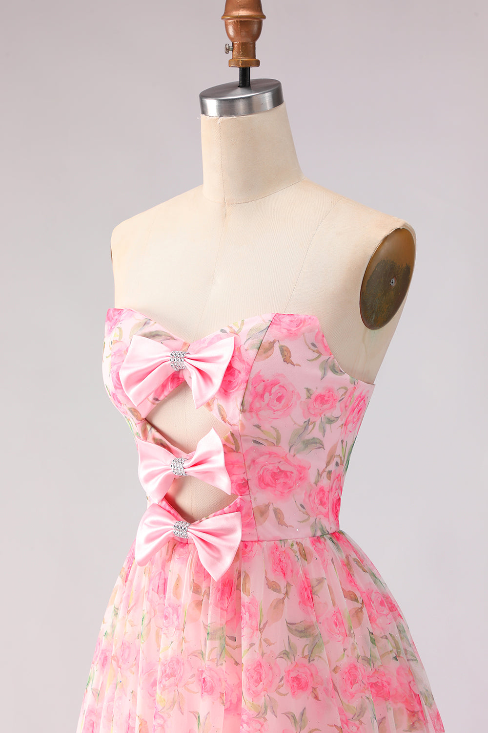 Pink Strapless Floral A-Line Cut Out Bowed Long Prom Dress with Slit