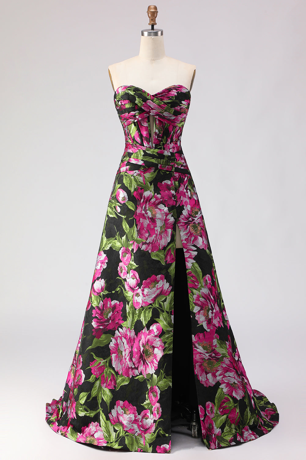 Black Floral A Line Strapless Corset Jacquard Long Prom Dress with Slit