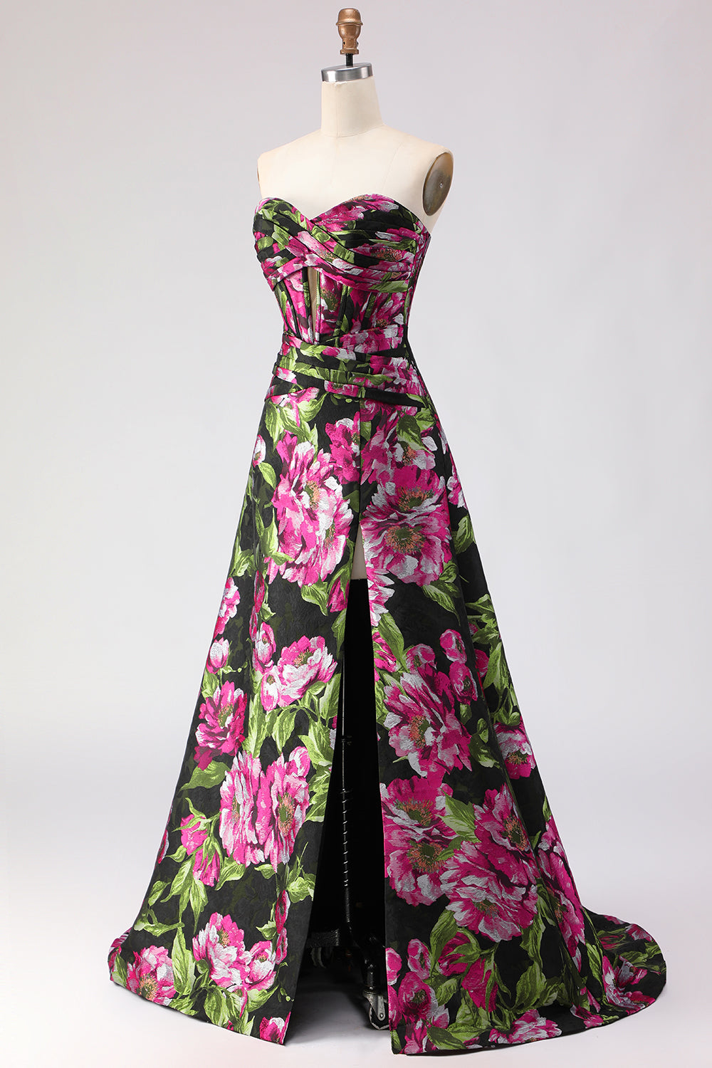 Black Floral A Line Strapless Corset Jacquard Long Prom Dress with Slit
