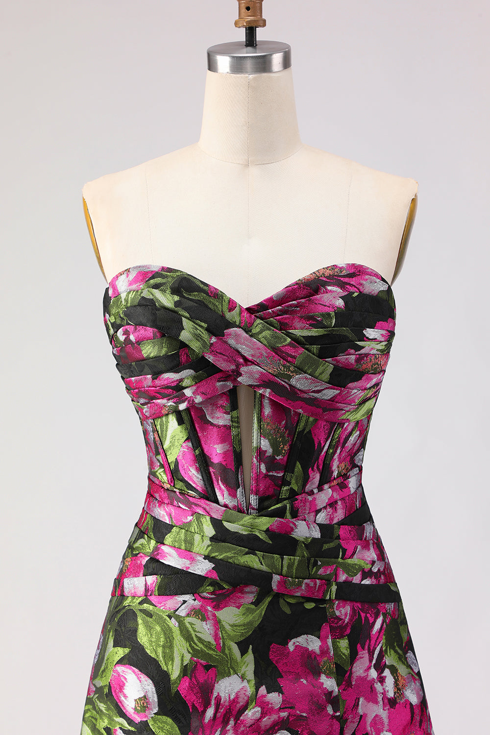 Black Floral A Line Strapless Corset Jacquard Long Prom Dress with Slit