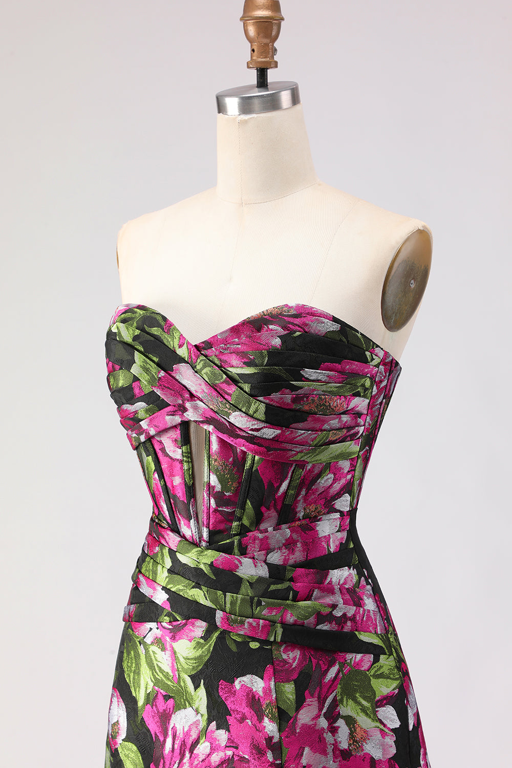 Black Floral A Line Strapless Corset Jacquard Long Prom Dress with Slit