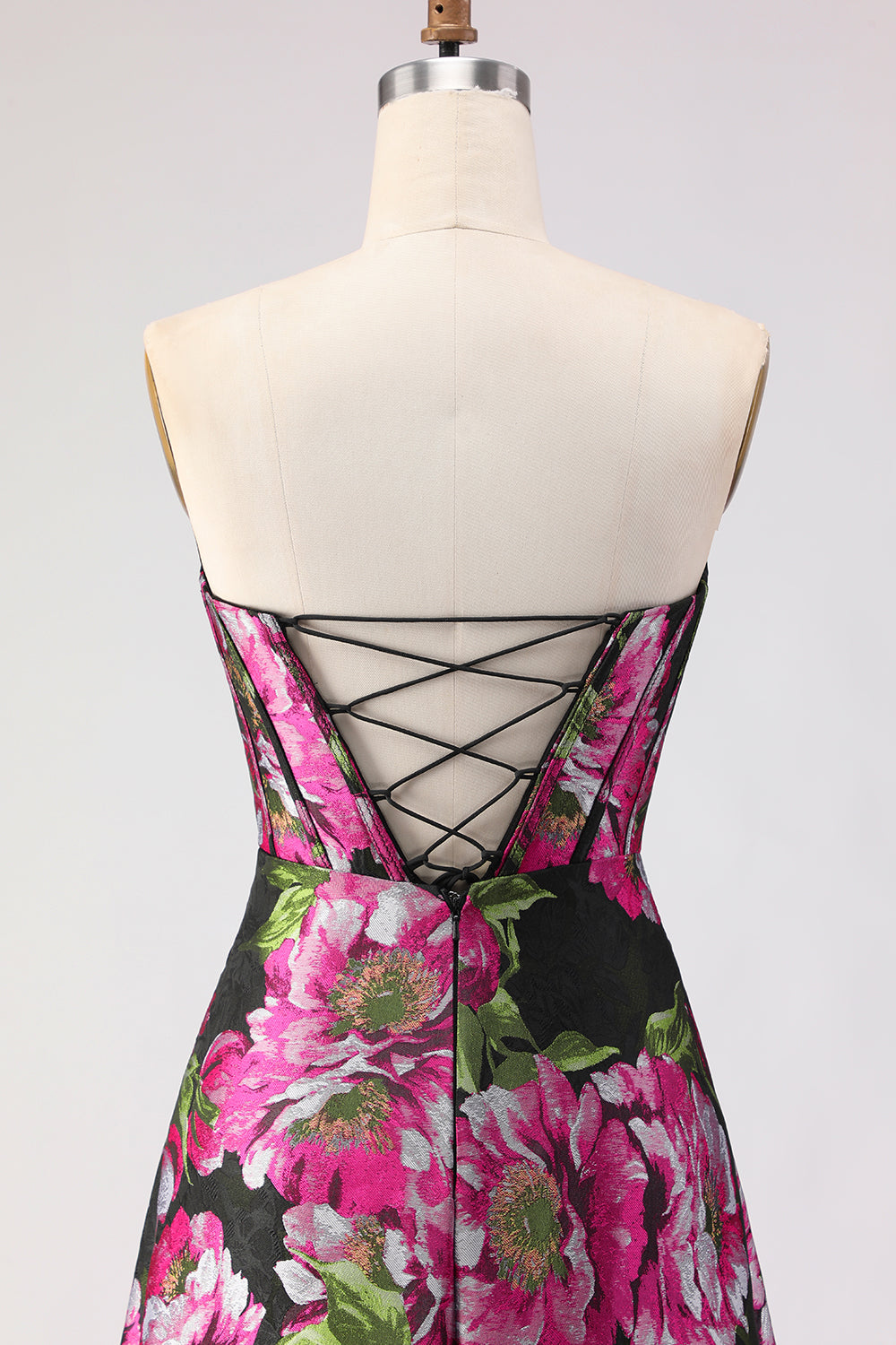 Black Floral A Line Strapless Corset Jacquard Long Prom Dress with Slit
