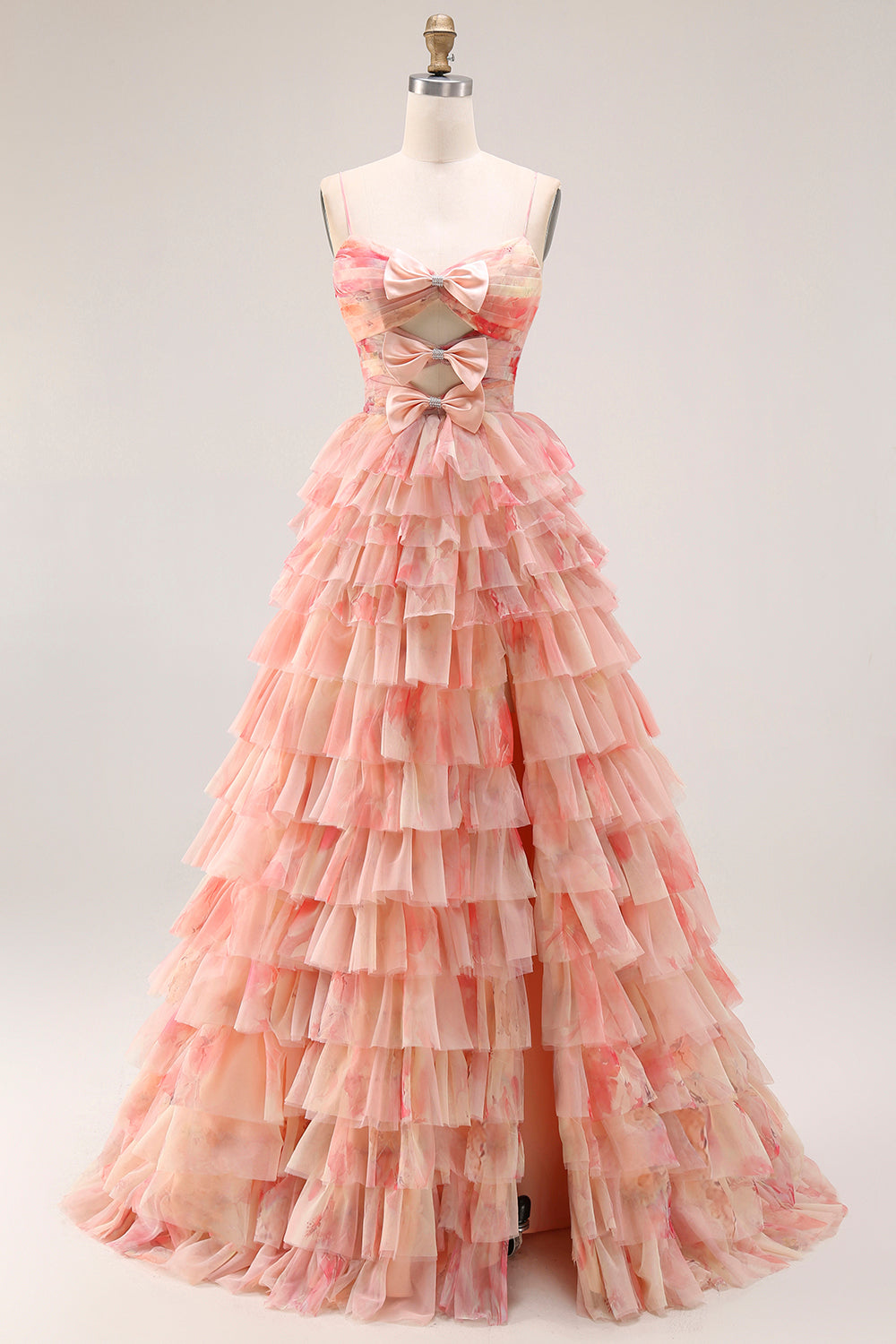 A-Line Floral Cut Out Tiered Bowed Sunset Long Prom Dress with Slit