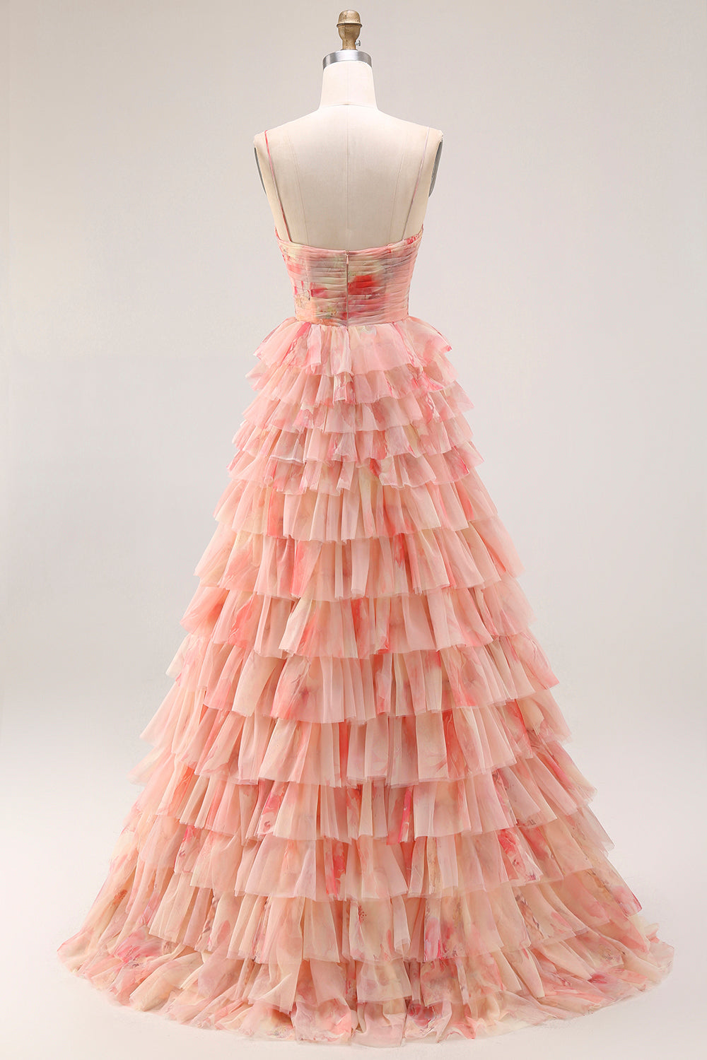 A-Line Floral Cut Out Tiered Bowed Sunset Long Prom Dress with Slit
