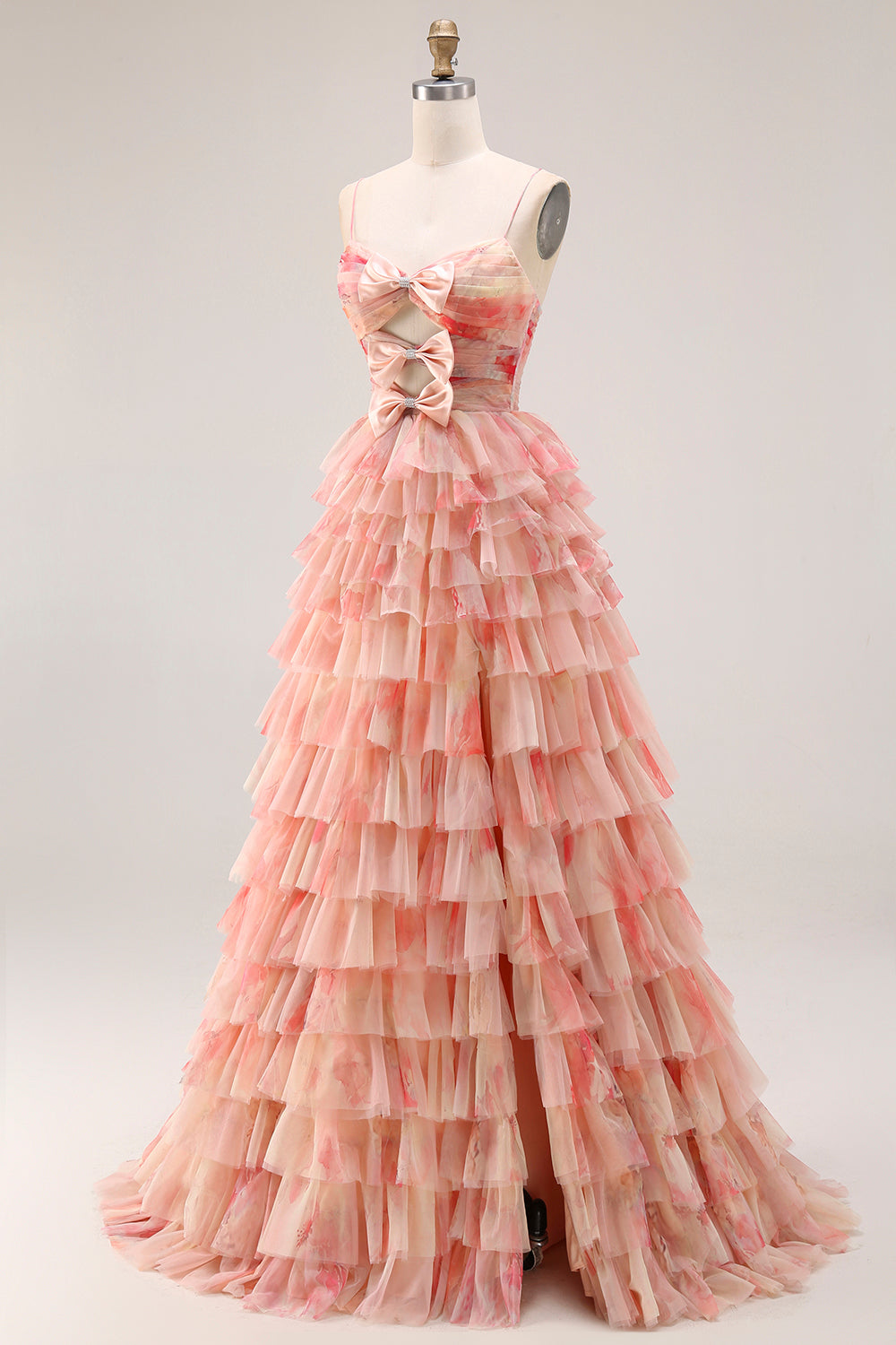 A-Line Floral Cut Out Tiered Bowed Sunset Long Prom Dress with Slit