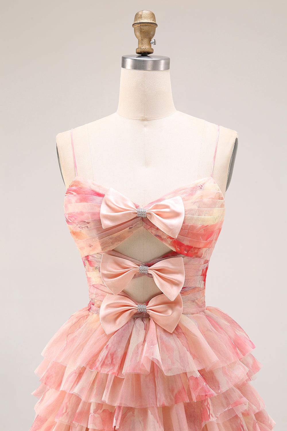 A-Line Floral Cut Out Tiered Bowed Sunset Long Prom Dress with Slit