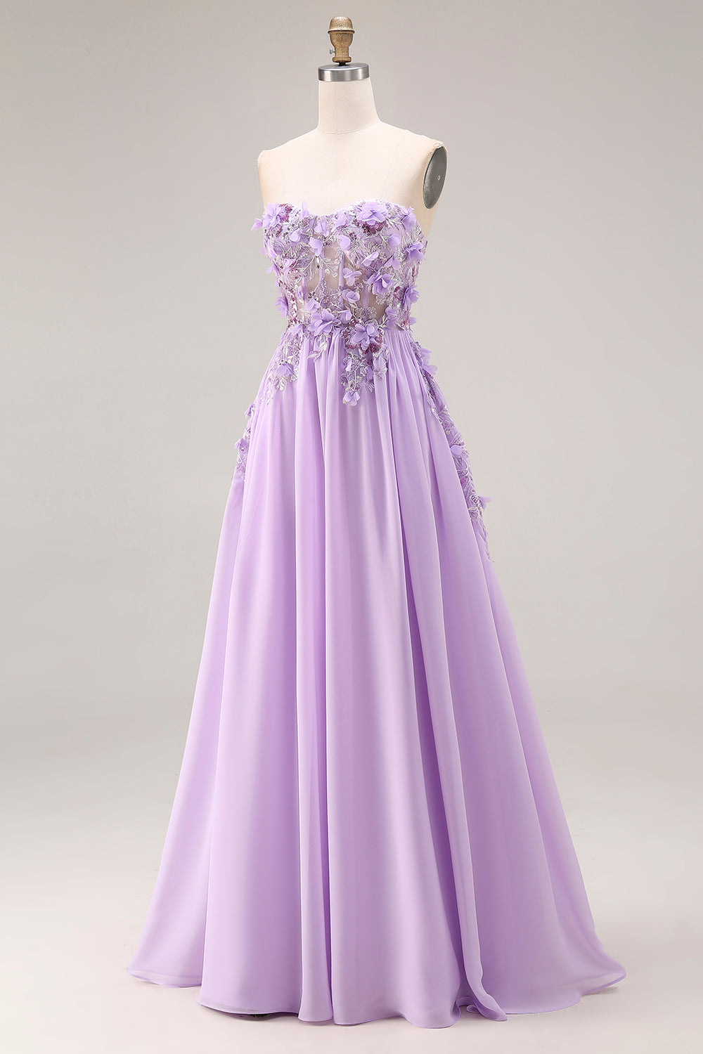 Robe longue de bal de promo bustier en ligne A avec corset appliqué lilas
