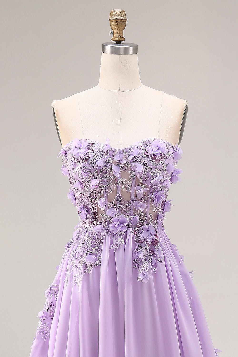Robe longue de bal de promo bustier en ligne A avec corset appliqué lilas