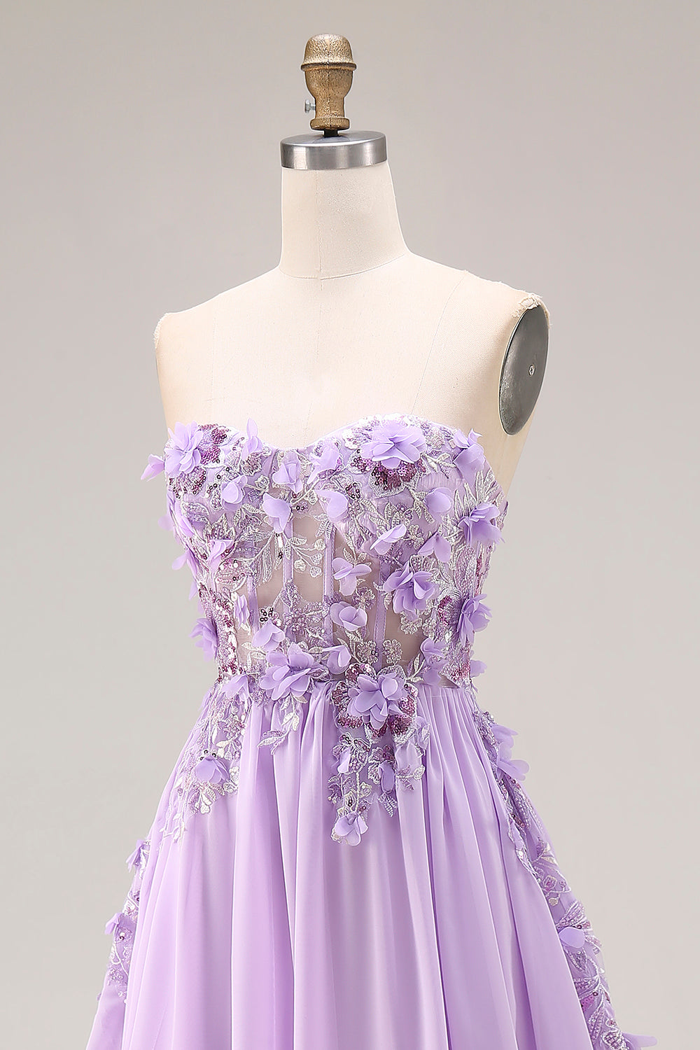 Robe longue de bal de promo bustier en ligne A avec corset appliqué lilas