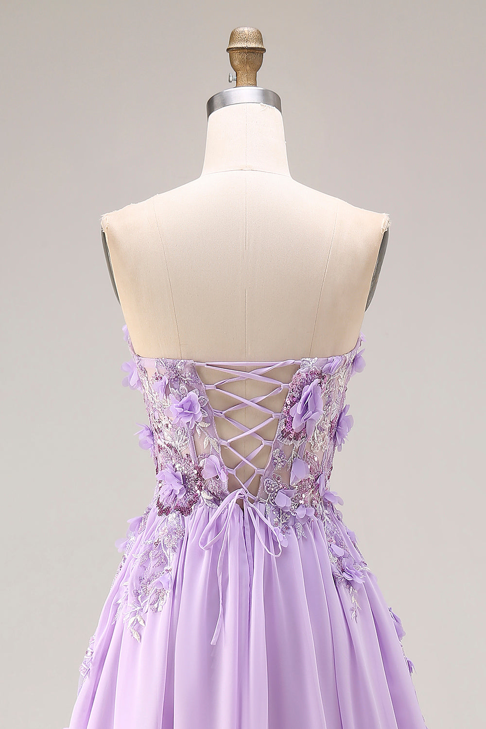 Robe longue de bal de promo bustier en ligne A avec corset appliqué lilas