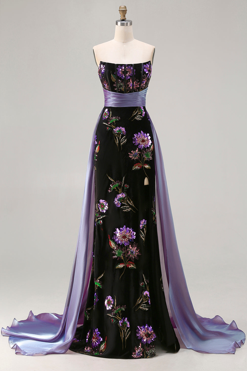 Robe de soirée longue sirène bustier noire à paillettes avec fente