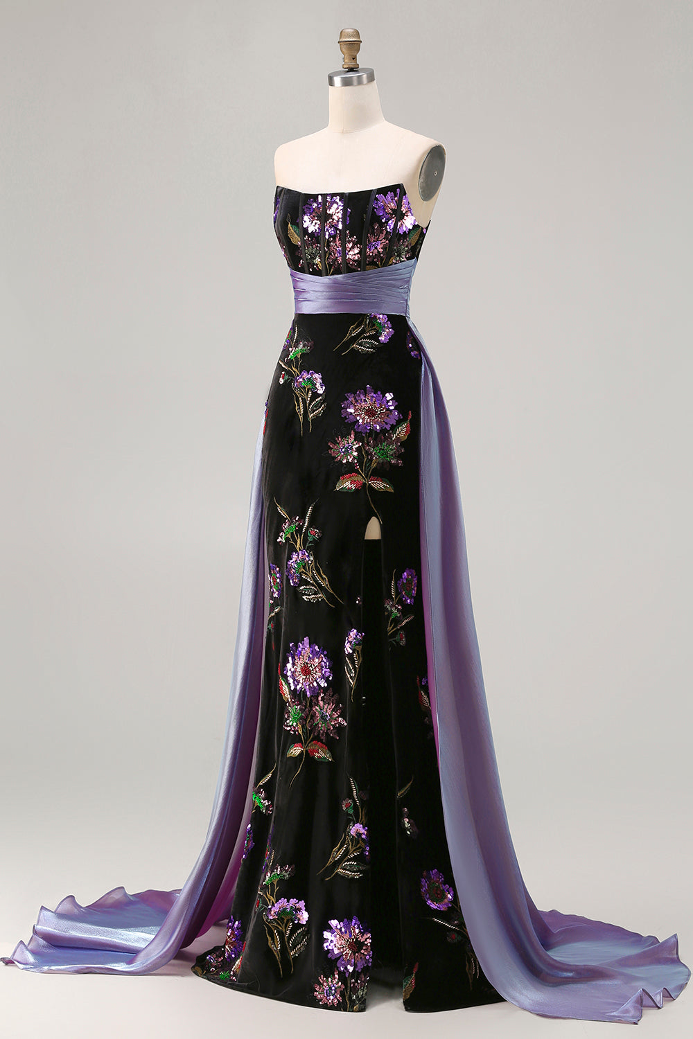 Robe de soirée longue sirène bustier noire à paillettes avec fente
