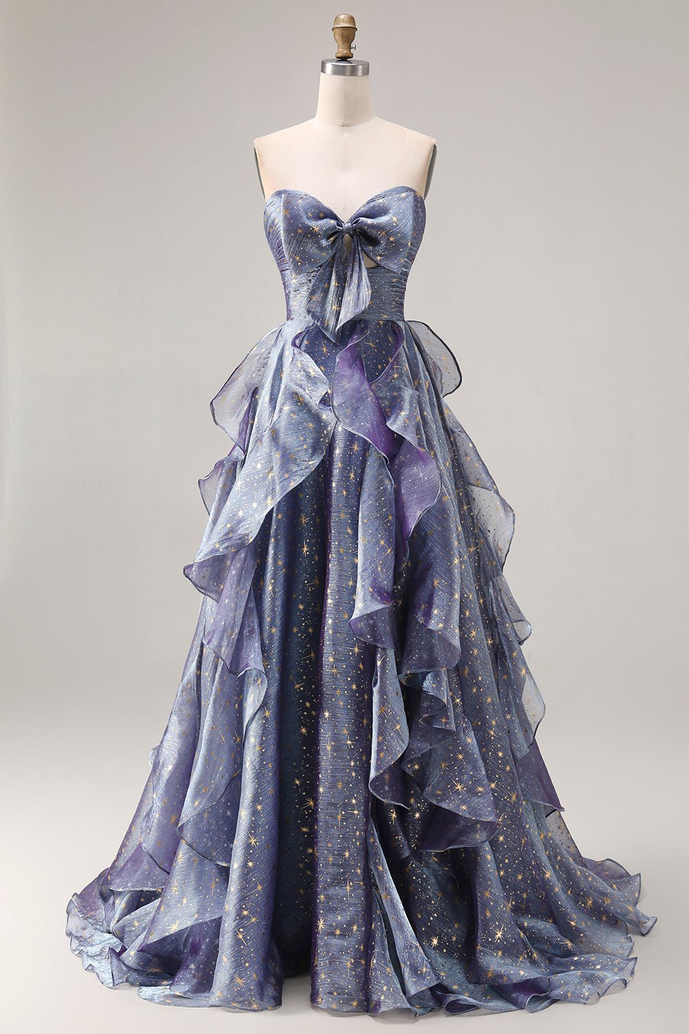 Dusty Blue Strapless A-Line Floral Ruffled Long Prom Dress with Lace-Up Back
