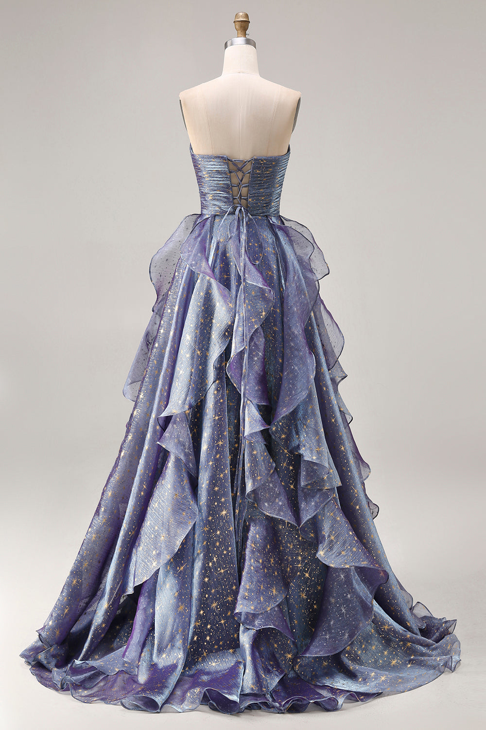 Dusty Blue Strapless A-Line Floral Ruffled Long Prom Dress with Lace-Up Back
