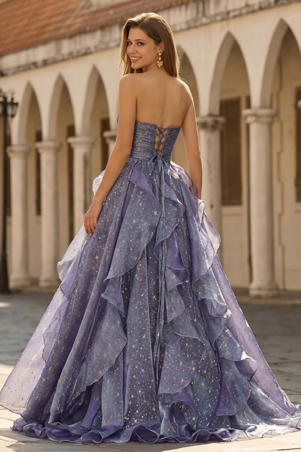 Dusty Blue Strapless A-Line Floral Ruffled Long Prom Dress with Lace-Up Back