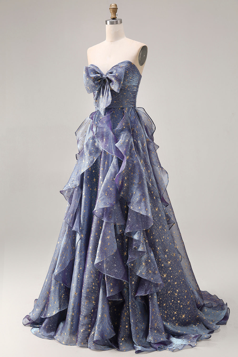 Dusty Blue Strapless A-Line Floral Ruffled Long Prom Dress with Lace-Up Back