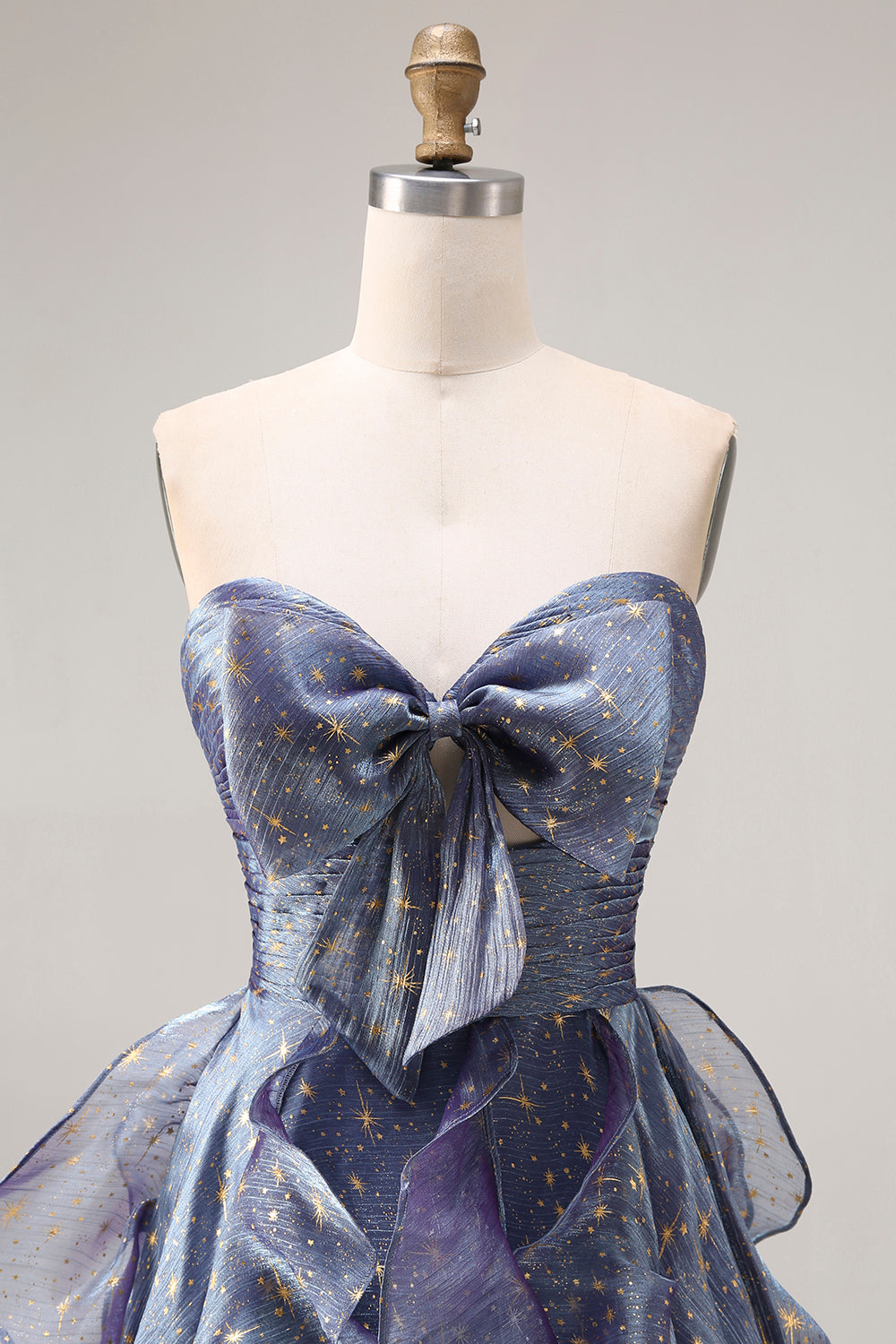 Dusty Blue Strapless A-Line Floral Ruffled Long Prom Dress with Lace-Up Back