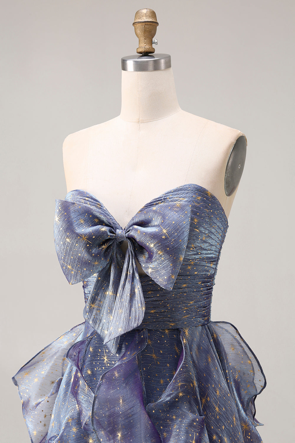Dusty Blue Strapless A-Line Floral Ruffled Long Prom Dress with Lace-Up Back