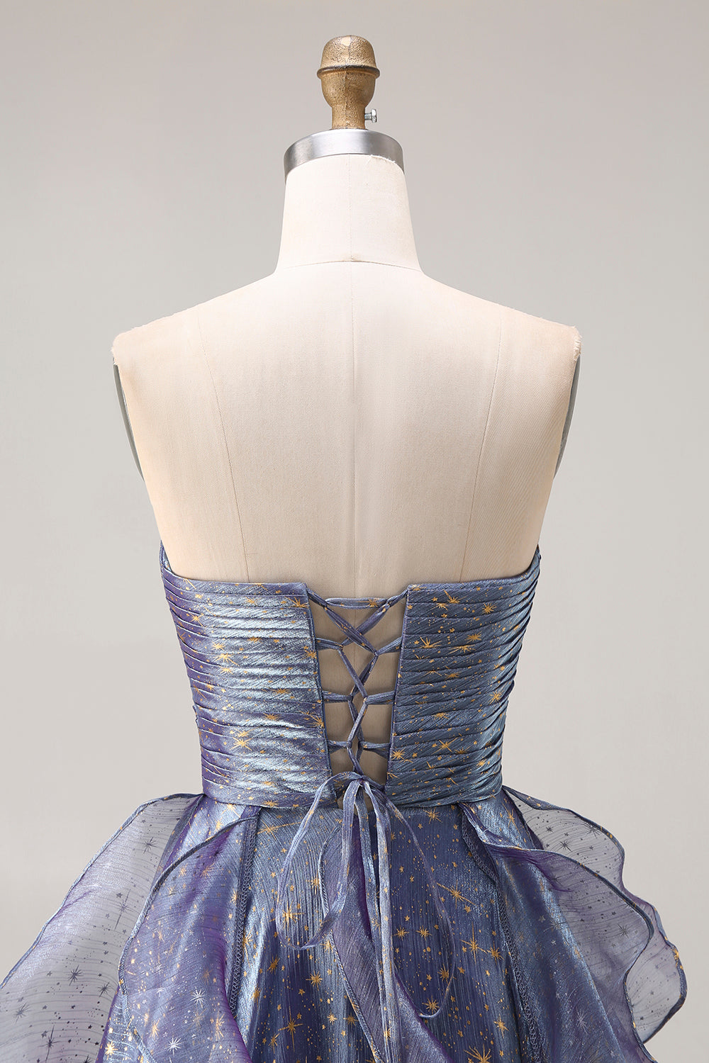 Dusty Blue Strapless A-Line Floral Ruffled Long Prom Dress with Lace-Up Back