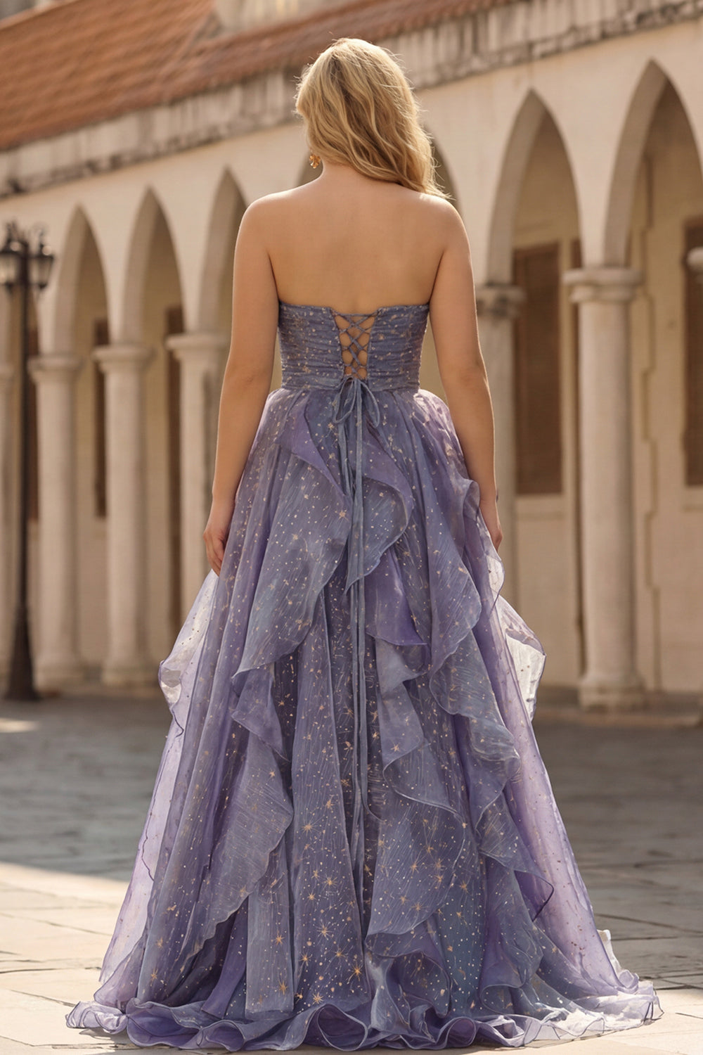 Dusty Blue Strapless A-Line Floral Ruffled Long Prom Dress with Lace-Up Back