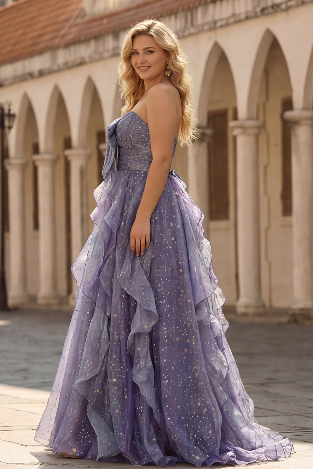 Dusty Blue Strapless A-Line Floral Ruffled Long Prom Dress with Lace-Up Back