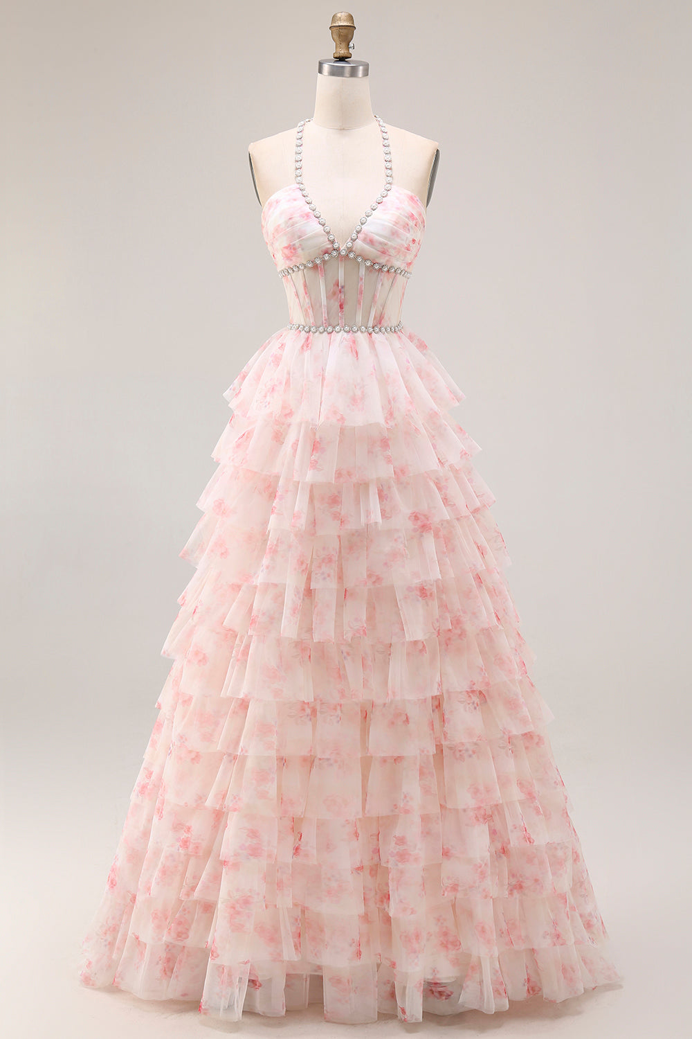 Halter A-Line Candy Pink Corset Floral Tiered Ruffle Long Prom Dress with Pearls