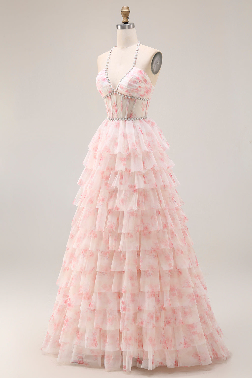 Halter A-Line Candy Pink Corset Floral Tiered Ruffle Long Prom Dress with Pearls